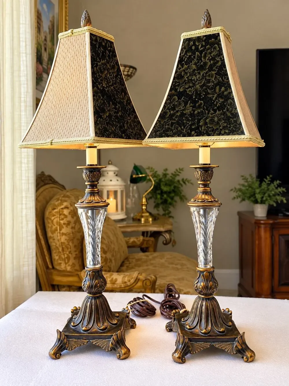 Pair Vintage Style Table Lamps Crystal Columns Ornate Gold Bronze Shades
